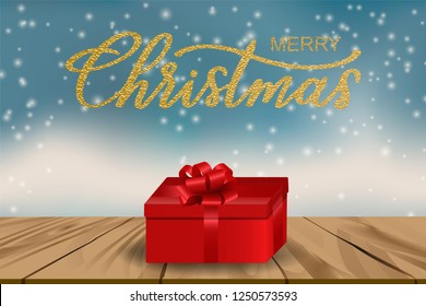 gold glitter of merry christmas lettering with red gift box on wooden table among snow drop in winter background. concept for present in cheistmas and new year celebration in vector illustration