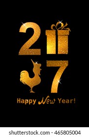 The gold glitter New Year 2017 in modern style with the shiny rooster and gift box  icon on black background.  
