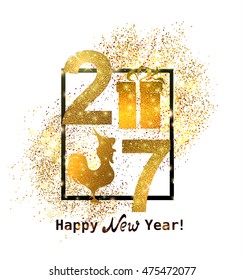 The gold glitter New Year 2017 in modern style with shiny rooster and gift box  icon 