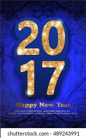 The gold glitter New Year 2017 in modern style on a magic winter dark  blue background 
