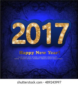 The gold glitter New Year 2017 in modern style on a magic winter dark  blue background 

