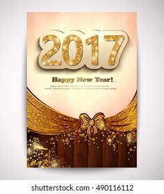 The gold glitter New Year 2017 flyer in modern style on a magic luxury wooden background 