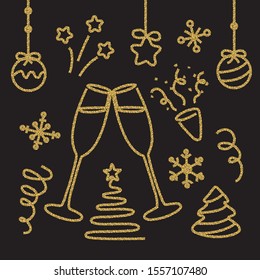 Gold glitter new year elements set isolated on black background. Glamourus design for Christmas party invitations, cards, winter sale advertising. Vector Illustration