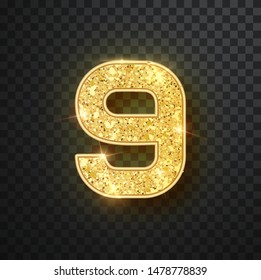 Gold glitter numbers nine with shadow. Vector realistick shining golden font figure 9 lettering of sparkles on black background. For decoration of cute wedding, anniversary, party, label, headline, po