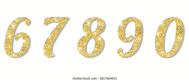 Gold glitter numbers set with shadow. Part 2. Numbers from 6 to 9 with  isolated on white background. For decoration of cute wedding, anniversary, party, label, headline, poster, sticker, birthday.