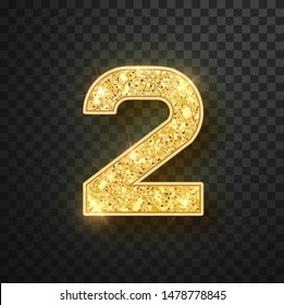 Gold glitter numbers two with shadow. Vector realistick shining golden font figure 2 lettering of sparkles on black background. For decoration of cute wedding, anniversary, party, label, headline, pos