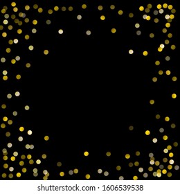Gold glitter on black background vector illustration. yellow and brown dust falling down, flying circle Golden confetti elements. Sparkle dots, round tinsel elements celebration backdrop