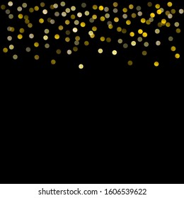 Gold glitter on black background vector illustration. yellow and brown dust falling down, flying circle Golden confetti elements. Sparkle dots, round tinsel elements celebration backdrop