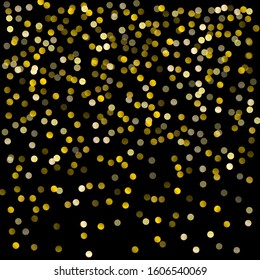 Gold glitter on black background vector illustration. yellow and brown dust falling down, flying circle Golden confetti elements. Sparkle dots, round tinsel elements celebration backdrop