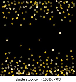 Gold glitter on black background vector illustration. yellow and brown dust falling down, flying circle Golden confetti elements. Sparkle dots, round tinsel elements celebration backdrop