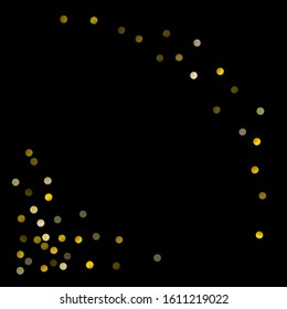Gold glitter on black background vector illustration. yellow and brown dust falling down, flying circle Golden confetti elements. Sparkle dots, round tinsel elements celebration backdrop