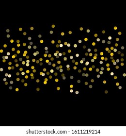Gold glitter on black background vector illustration. yellow and brown dust falling down, flying circle Golden confetti elements. Sparkle dots, round tinsel elements celebration backdrop