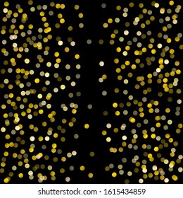 Gold glitter on black background vector illustration. yellow and brown dust falling down, flying circle Golden confetti elements. Sparkle dots, round tinsel elements celebration backdrop