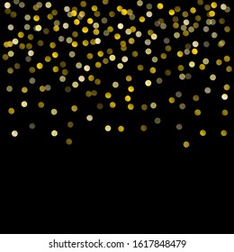 Gold glitter on black background vector illustration. yellow and brown dust falling down, flying circle Golden confetti elements. Sparkle dots, round tinsel elements celebration backdrop