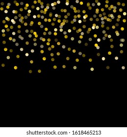 Gold glitter on black background vector illustration. yellow and brown dust falling down, flying circle Golden confetti elements. Sparkle dots, round tinsel elements celebration backdrop