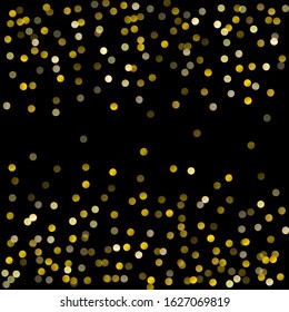 Gold glitter on black background vector illustration. yellow and brown dust falling down, flying circle Golden confetti elements. Sparkle dots, round tinsel elements celebration backdrop