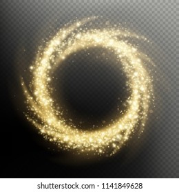 Gold glitter particle swirl fireworks light circle overlay effect. EPS 10