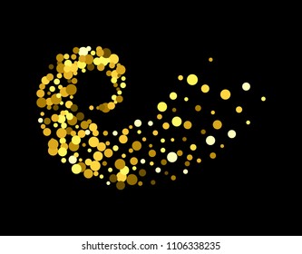 Gold glitter particles background effect twisted in swirl or vortex. Golden sparkling texture. Use for banner, greeting and Christmas card, invitation, postcard, paper packaging. Vector illustration.