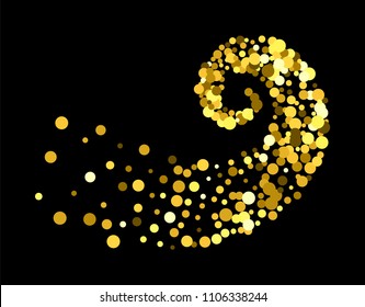 Gold glitter particles background effect twisted in swirl or vortex. Golden sparkling texture. Use for banner, greeting and Christmas card, invitation, postcard, paper packaging. Vector illustration.