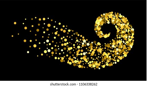 Gold glitter particles background effect twisted in swirl or vortex. Golden sparkling texture. Use for banner, greeting and Christmas card, invitation, postcard, paper packaging. Vector illustration.