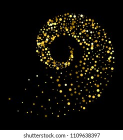 Gold glitter particles background effect twisted in swirl or vortex. Golden sparkling texture. Use for banner, greeting and Christmas card, invitation, postcard, paper packaging. Vector illustration.