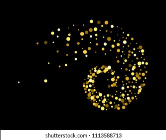 Gold glitter particles background effect twisted in swirl or vortex. Golden sparkling texture. Use for banner, greeting and Christmas card, invitation, postcard, paper packaging. Vector illustration.