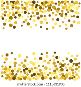 Gold glitter particles background effect. Sparkling texture. Golden dust sparkling in falling. Use for banner, greeting and Christmas card, invitation, postcard, paper packaging. Vector illustration.