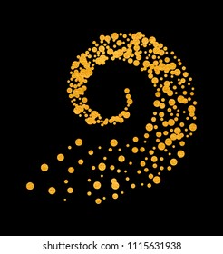 Gold glitter particles background effect twisted in swirl or vortex. Golden sparkling texture. Use for banner, greeting and Christmas card, invitation, postcard, paper packaging. Vector illustration.