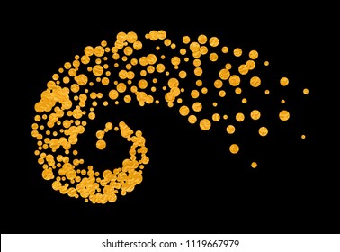 Gold glitter particles background effect twisted in swirl or vortex. Golden sparkling texture. Use for banner, greeting and Christmas card, invitation, postcard, paper packaging. Vector illustration.