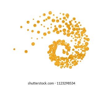 Gold glitter particles background effect twisted in swirl or vortex. Golden sparkling texture. Use for banner, greeting and Christmas card, invitation, postcard, paper packaging. Vector illustration.