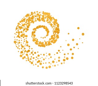 Gold glitter particles background effect twisted in swirl or vortex. Golden sparkling texture. Use for banner, greeting and Christmas card, invitation, postcard, paper packaging. Vector illustration.