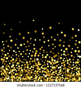 Gold glitter particles background effect. Sparkling texture. Golden dust sparkling in falling. Use for banner, greeting and Christmas card, invitation, postcard, paper packaging. Vector illustration.