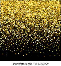 Gold glitter particles background effect. Sparkling texture. Golden dust sparkling in falling. Use for banner, greeting and Christmas card, invitation, postcard, paper packaging. Vector illustration.