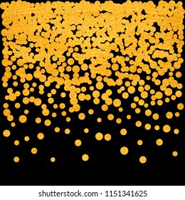 Gold glitter particles background effect. Sparkling texture. Golden dust sparkling in falling. Use for banner, greeting and Christmas card, invitation, postcard, paper packaging. Vector illustration.