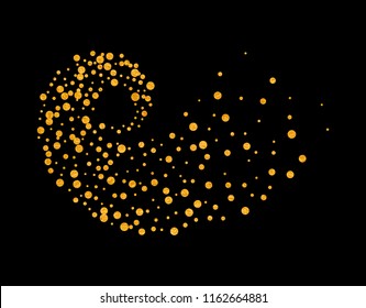 Gold glitter particles background effect twisted in swirl or vortex. Golden sparkling texture. Use for banner, greeting and Christmas card, invitation, postcard, paper packaging. Vector illustration.