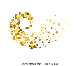 Gold glitter particles background effect twisted in swirl or vortex. Golden sparkling texture. Use for banner, greeting and Christmas card, invitation, postcard, paper packaging. Vector illustration.