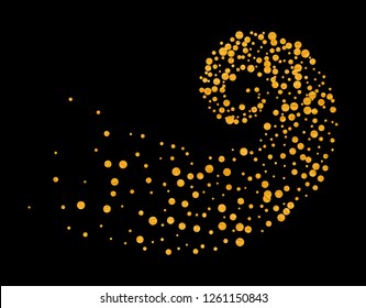 Gold glitter particles background effect twisted in swirl or vortex. Golden sparkling texture. Use for banner, greeting and Christmas card, invitation, postcard, paper packaging. Vector illustration.