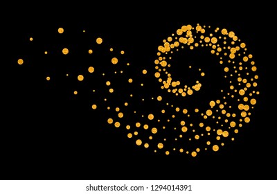 Gold glitter particles background effect twisted in swirl or vortex. Golden sparkling texture. Use for banner, greeting and Christmas card, invitation, postcard, paper packaging. Vector illustration.