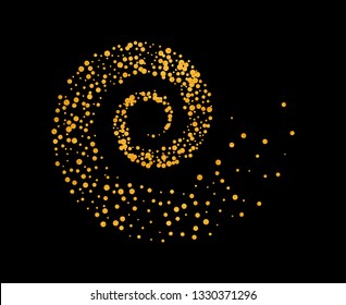 Gold glitter particles background effect twisted in swirl or vortex. Golden sparkling texture. Use for banner, greeting and Christmas card, invitation, postcard, paper packaging. Vector illustration.