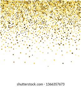 Gold glitter particles background effect. Sparkling texture. Golden dust sparkling in falling. Use for banner, greeting and Christmas card, invitation, postcard, paper packaging. Vector illustration.