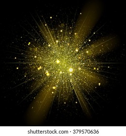 Gold glitter particles background effect. Sparkling texture. Star dust sparks in explosion on black background. Vector Illustration