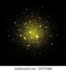 Gold glitter particles background effect. Sparkling texture. Star dust sparks in explosion on black background. Vector Illustration