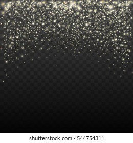 Gold glitter particles background effect for luxury greeting card. Sparkling texture. Star dust sparks vector