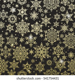 Gold glitter particles background. Falling golden glittering snow effect for luxury Christmas and New Year greeting card. Sparkling texture. EPS 10 vector file included
