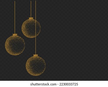 Partículas de oro brillo bolas de Navidad colgadas desde arriba aisladas en png o fondo transparente. Recursos gráficos para Año Nuevo, Cumpleaños y tarjeta de lujo. Ilustración del vector 