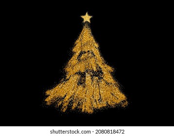 Gold Glitter Particles Christmas Tree With Star Isolated  On Png Or Transparent  Background. Graphic Resources For New Year, Birthdays And Luxury Card. Vector Illustration 