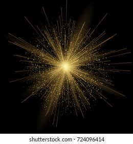 Gold glitter particles effect. Star sparks in explosion