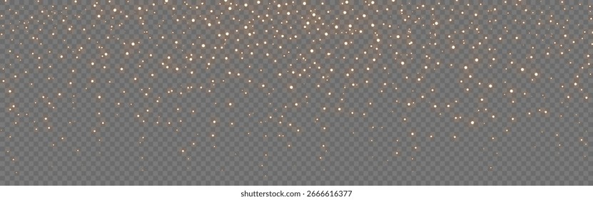 Partículas douradas brilhantes caindo de cima sobre fundo largo transparente. Brilho de luz para decoração festiva, magia, celebração. Design de Natal. Ilustração de vetor.
