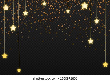 Gold glitter particles with hanging stars isolate on png or transparent  background with sparkling  snow, star light  for Christmas, New Year, Birthdays, Special event, luxury card,  rich style.  