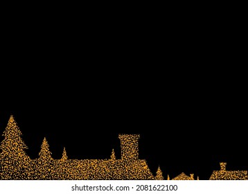 Gold glitter particles House roof with chimney in Christmas  night isolated  on png or transparent  background. Graphic resources for New Year, Birthdays and luxury card. Vector illustration 